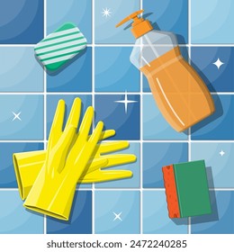 Botella de detergente, esponja, jabón y guantes de goma. Accesorios para lavar platos y limpieza de la casa. Lavavajillas. Ilustración vectorial en estilo plano