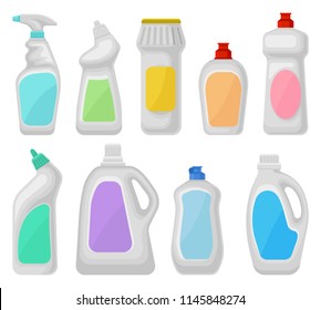 Bottle Of Detergents Set, Household Cleaning Chemical Product Containers Vector Illustrations On A White Background