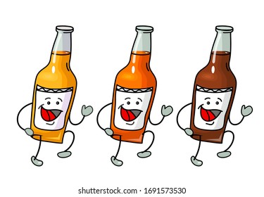 Bottle with different types beer - lager, ale, stout. Icon drinks with emotions. Vector flat cartoon color illustration. For menu, web. Isolated on white background. Hand drawn sketch comic style.