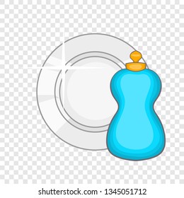 Bottle of dish soap and clean dish icon in cartoon style on a background for any web design 
