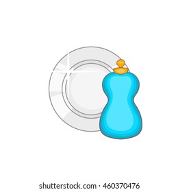 Bottle Of Dish Soap And Clean Dish Icon In Cartoon Style On A White Background