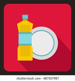 Bottle of dish soap and clean dish icon in flat style on a crimson background vector illustration