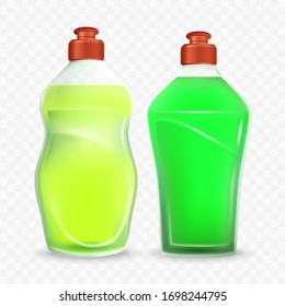 Bottle Of Dishwashing Detergent Liquid Set Vector. Blank Transparent Plastic Containers With Yellow And Green Soap Detergent For Wash Kitchen Utensil And Dishware. Template Realistic 3d Illustrations