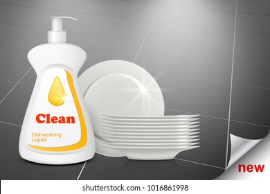 Bottle of dishwashing detergent and a stack of plates on tiled background