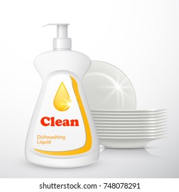 Bottle of dishwashing detergent and a stack of plates, vector design