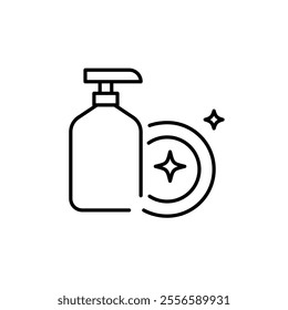 Bottle of dishwashing detergent and stars. Squeaky clean dishes. Pixel perfect vector icon