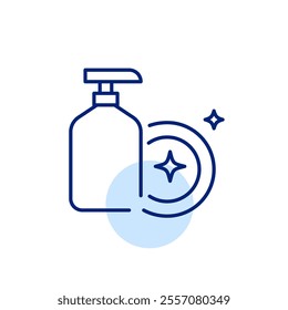 Bottle of dishwashing detergent and stars. Squeaky clean dishes. Pixel perfect, editable stroke icon