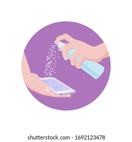 Bottle with a disinfectant in hand. Antiseptic processing smartphone. Disinfection of equipment during the epidemic, vector illustration.
