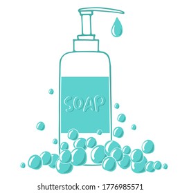 Bottle with dispenser airless pump. Hand sanitizer soap dispenser with bubbles on white background. Cartoon vector illustration. Hand drawn, sketch style, isolated on white background. Virus protect