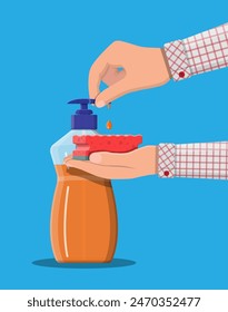 Bottle with dispenser and sponge in hands. Washing sponge. Kitchenware scouring pads. Kitchen and bath cleaning tool accestories. Vector illustration in flat style