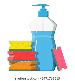 Bottle with dispenser and sponge. Washing sponge. Kitchenware scouring pads. Kitchen and bath cleaning tool accestories. Vector illustration in flat style