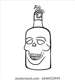 Bottle with drawing skull. A black and white line drawing bottle featuring a snake coiled around the cap. Hand-drawn vector illustration suitable for horror, Halloween, or gothic themes