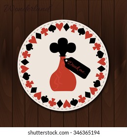 Bottle - drink coaster/ logo design from Wonderland on Wooden Background. Printable Vector Illustration for Graphic Projects, Parties and the Internet.