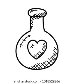 
Bottle of a drink with a cork and a heart icon at the front, doodle vector
