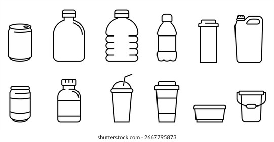Conjunto de iconos de botella y taza de bebida 