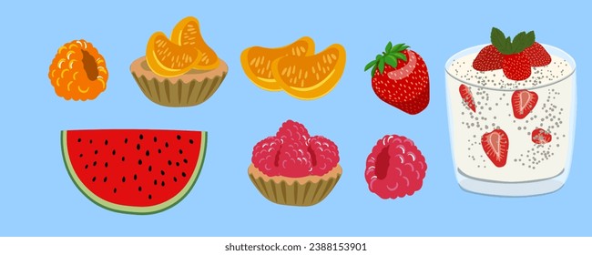 bottle with drink and fruit in vector. fruit vegetable milk, yogurt. delicious healthy beautiful food in semi-realistic style. objects for the menu of a cafe bar restaurant application website leaflet