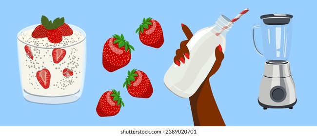 bottle with drink and fruit in vector. fruit vegetable milk, yogurt. delicious healthy beautiful food in semi-realistic style. objects for the menu of a cafe bar restaurant application website 