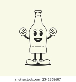Bottle drink funny strong character comic mascot retro 30s animation style line art icon vector illustration. Cartoon glass flask pack container with lid refreshment beverage soda juice beer emoticon