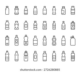Ilustración vectorial de conjunto de iconos de botella y línea de bebida.