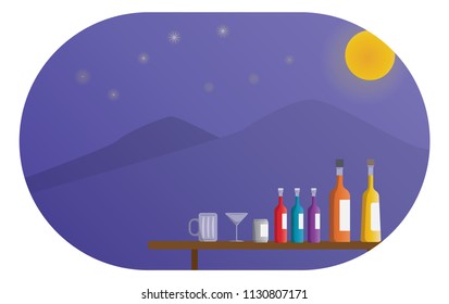 bottle of drink on the table at the party full moon night with mountain view, and release clipping mask for full picture