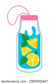 Botella de agua potable con hojas de limón y menta. Contenedor reutilizable para líquidos. Bebida fresca de verano, desintoxicación. Ilustración del vector aislada en fondo blanco