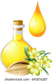 Bottle and drop of jojoba. Flowers and fruit plants. Care for hair, face, hands and body. Aromatherapy, relaxation, wellness, beauty