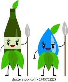 botella y gota de agua en ropa de hojas verdes dibujos animados personajes aborígenes adorables sonriendo y sosteniendo objetos de lanza aguda en sus manos sobre un concepto de fondo blanco de elementos naturales