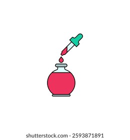 Bottle with dropper releasing liquid drop. Vector illustration on white background.