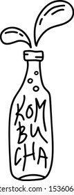 Bottle with drops and inside text kombucha. Hand drawn doodle illustration for poster. Contour vector design for healthy lifestyle and detox diet 