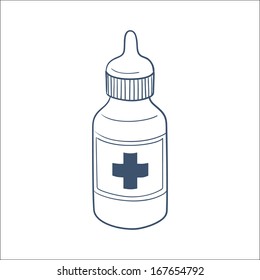 Bottle with drops or liquid drug isolated on white. Sketch vector element for medical or health care design