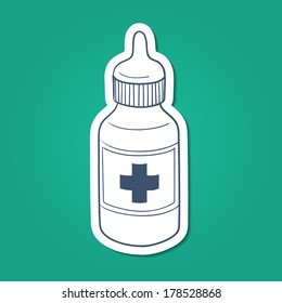 Bottle with drops or liquid drug. Sketch sticker vector element for medical or health care design