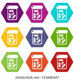 Bottle drug icons 9 set coloful isolated on white for web