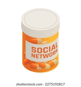 Bottle of drugs from gadget and social network addiction isometric concept icon 3d vector illustration