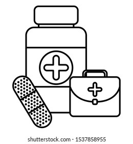 bottle drugs with kit and cure band vector illustration design