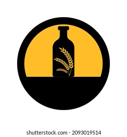 Bottle and ears of wheat, black and yellow color, round sign a white background, vector illustration