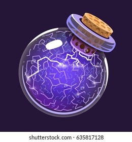 Bottle of Electricity. Game icon of magic elixir. Interface for rpg or match3 game. Energy, lightning, electric. Big variant. Vector illustration