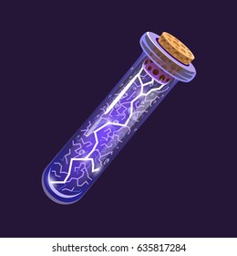 Bottle of Electricity. Game icon of magic elixir. Interface for rpg or match3 game. Energy, lightning, electric. Small variant. Vector illustration