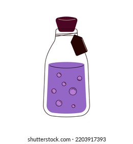 Bottle with elixir vector flat Illustration. Halloween decoration. Magic elixir.