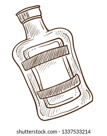 Botella con emblema y líquido dentro de un bosquejo monocromático contorno vector contenedor de vidrio aislado con bebida alcohólica bebida incolora tequila o cerveza champán o whisky con corcho de madera