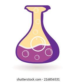 Bottle with energy. Magical object. Isolated icon. Fantastic element. Fabulous picture. Tube for medicines. Chemical reaction. Lab, drug, toxic. Elixir, alchemy, laboratory