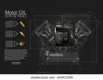 Fundo de óleo de motor de garrafa, ilustração vetorial, Ilustrações técnicas.