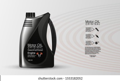 Bottle engine oil Canister of engine motor oil, full synthetic clinging molecules protection. Vector illustration with realistic canister and motor oil splashes on bright background.