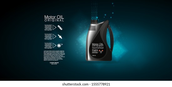 Bottle engine oil Canister of engine motor oil, full synthetic clinging molecules protection. Vector illustration with realistic canister and motor oil splashes on bright background.
