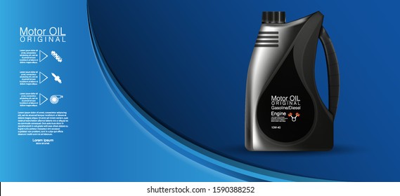 Bottle engine oil Canister of engine motor oil, full synthetic clinging molecules protection. Vector illustration with realistic canister and motor oil splashes on bright background.