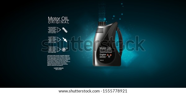 Bottle\
engine oil Canister of engine motor oil, full synthetic clinging\
molecules protection. Vector illustration with realistic canister\
and motor oil splashes on bright\
background.