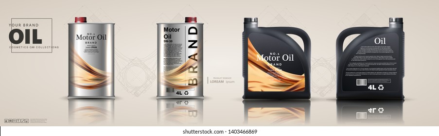 Bottle engine oil on a background a motor-car piston, Technical illustrations. Realistic 3D vector image. canister ads template with brand logo Blueprints. Mechanical engineering drawings.