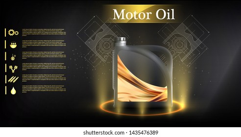 Bottle engine oil on a background a motor-car piston, Technical illustrations. Realistic 3D vector image. canister ads template with brand logo Blueprints. Engine oil advertisement banner.