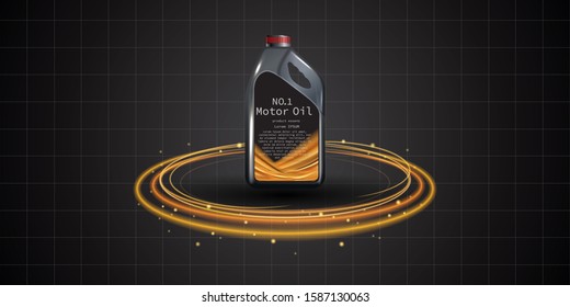 Bottle engine oil on a background a motor-car piston, Technical illustrations. Realistic 3D vector image. canister ads template with brand logo. Engine oil advertisement banner