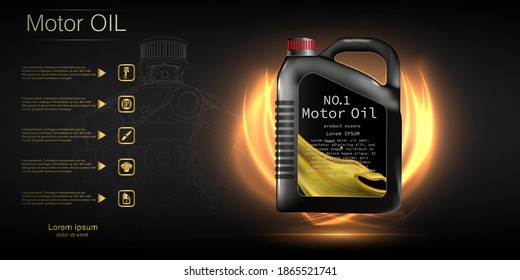 Aceite de motor en frasco sobre un fondo un pistón de motor, ilustraciones técnicas. Imagen vectorial 3D realista. plantilla de anuncios de cartucho con el logotipo de la marca. Cartel publicitario del aceite del motor