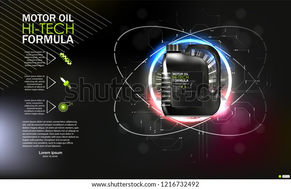 Bottle engine oil on a\
background a motor-car piston, Technical illustrations. Realistic\
3D vector image. canister ads template with brand logo\
Blueprints.